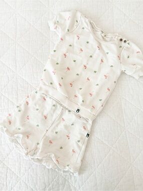 Rabbit + Bear 4T Kids Organic White Flamingo Print Matching Short Set